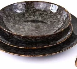 BonBistro GLAMOMAX'S Choice - Serviesset Black Hazy - Inclusief Koperkleurig Bestekset - 4 Persoons - Porselein - Zwarte Borden - Dinerborden - Bordenset