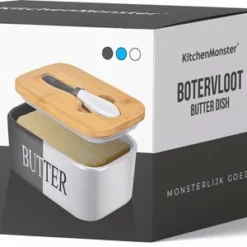 KitchenMonster® Botervloot Met Botermes - 600 Ml Botervlootje Vershouddoos Van Porselein En Bamboe - Botervloot Met Deksel Wit -Maxwell & Williams winkel 550x300 1