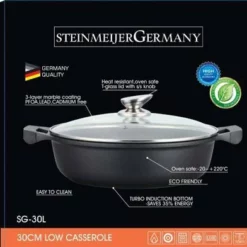 SteinMeijerGermany Marble/braadpan - Met Glazen Afdekplaat -weide Pan Zwart - 30 CM 8 Liter-hapjespan- Brede Pan Voor Inductie