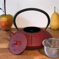 LEIJZER Design Gietijzeren Theepot In Het Rood-zwart Geëmailleerd Van Binnen Met Libelle Reliëf - 0,8 L Ook Te Gebruiken Als Waterketel Op Uw Houtkachel