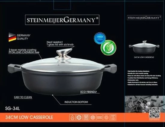 SteinMeijerGermany Marble/braadpan - Met Glazen Afdekplaat -weide Pan Zwart - 30 CM 8 Liter-hapjespan- Brede Pan Voor Inductie 6 SteinMeijerGermany Marble/braadpan - Met Glazen Afdekplaat -weide Pan Zwart - 30 CM 8 Liter-hapjespan- Brede Pan Voor Inductie - Afbeelding 4