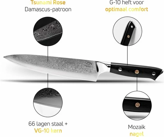 Chefmes Damaststaal VDN Elegance Serie - Koksmes Van VG-10 Super Japans Staal - Professioneel Mes Met 66 Lagen Staal – 32.5 Cm Mes - 21 Cm Lemmet - 60-62 HRC Inclusief Giftbox 13 Chefmes Damaststaal VDN Elegance Serie - Koksmes Van VG-10 Super Japans Staal - Professioneel Mes Met 66 Lagen Staal – 32.5 Cm Mes - 21 Cm Lemmet - 60-62 HRC Inclusief Giftbox - Afbeelding 11