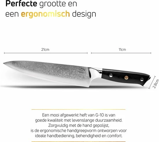 Chefmes Damaststaal VDN Elegance Serie - Koksmes Van VG-10 Super Japans Staal - Professioneel Mes Met 66 Lagen Staal – 32.5 Cm Mes - 21 Cm Lemmet - 60-62 HRC Inclusief Giftbox 4 Chefmes Damaststaal VDN Elegance Serie - Koksmes Van VG-10 Super Japans Staal - Professioneel Mes Met 66 Lagen Staal – 32.5 Cm Mes - 21 Cm Lemmet - 60-62 HRC Inclusief Giftbox - Afbeelding 2