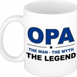 Bellatio Decorations Opa The Man The Myth The Legend Cadeau Mok / Beker Wit - 300 Ml - Verjaardag - Kado Koffiemok / Theebeker
