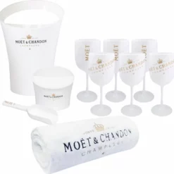 Moët & Chandon Giftset - Ice Imperial Ice Bucket, Small Bucket Met Ice Scoop, 6 Glazen, Handdoek - Luxe Wijnkoeler / IJsemmer En Champagneglas 6x - Strandhanddoek
