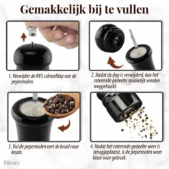 Dieux® - Peper En Zoutmolen Set - Zwart Wit - Zout Peper Kruiden - 2 Stuks - Instelbare Maalgraad - Duurzaam - Luxe Kwaliteit - Hervulbaar - Barbecue - BBQ - BBQ Accesoires - Sinterklaas Cadeautjes - Black Friday 2022 -Maxwell & Williams winkel 550x546 4