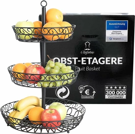 Chefarone Fruit Etagère - Fruitmand – Fruitschaal – Groentemand – Opberger – 3 Laags – Metaal - Zwart 3 Chefarone Fruit Etagère - Fruitmand – Fruitschaal – Groentemand – Opberger – 3 Laags – Metaal - Zwart