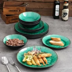 Merkloos Combiservies, 24-delig Coco Tafelservies Van Aardewerk, Raku Glazuur Effect Serviesset, Bevat Mueslikommen, Dessertborden En Dinerborden Voor 8 Personen In Vintage Look, Groen -Maxwell & Williams winkel 550x550 380