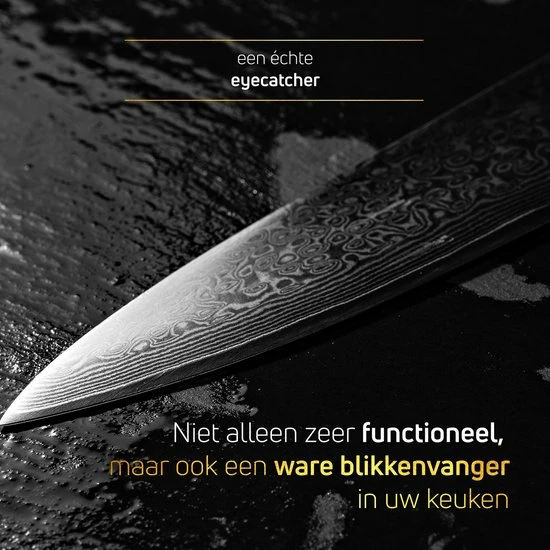 Chefmes Damaststaal VDN Elegance Serie - Koksmes Van VG-10 Super Japans Staal - Professioneel Mes Met 66 Lagen Staal – 32.5 Cm Mes - 21 Cm Lemmet - 60-62 HRC Inclusief Giftbox 6 Chefmes Damaststaal VDN Elegance Serie - Koksmes Van VG-10 Super Japans Staal - Professioneel Mes Met 66 Lagen Staal – 32.5 Cm Mes - 21 Cm Lemmet - 60-62 HRC Inclusief Giftbox - Afbeelding 4