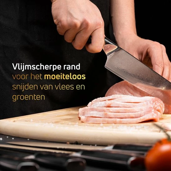 Chefmes Damaststaal VDN Elegance Serie - Koksmes Van VG-10 Super Japans Staal - Professioneel Mes Met 66 Lagen Staal – 32.5 Cm Mes - 21 Cm Lemmet - 60-62 HRC Inclusief Giftbox 7 Chefmes Damaststaal VDN Elegance Serie - Koksmes Van VG-10 Super Japans Staal - Professioneel Mes Met 66 Lagen Staal – 32.5 Cm Mes - 21 Cm Lemmet - 60-62 HRC Inclusief Giftbox - Afbeelding 5