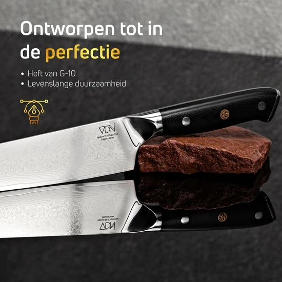 Chefmes Damaststaal VDN Elegance Serie - Koksmes Van VG-10 Super Japans Staal - Professioneel Mes Met 66 Lagen Staal – 32.5 Cm Mes - 21 Cm Lemmet - 60-62 HRC Inclusief Giftbox 8 Chefmes Damaststaal VDN Elegance Serie - Koksmes Van VG-10 Super Japans Staal - Professioneel Mes Met 66 Lagen Staal – 32.5 Cm Mes - 21 Cm Lemmet - 60-62 HRC Inclusief Giftbox - Afbeelding 6