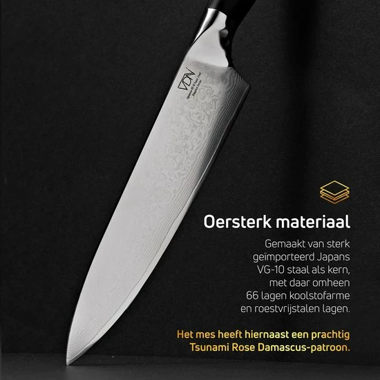 Chefmes Damaststaal VDN Elegance Serie - Koksmes Van VG-10 Super Japans Staal - Professioneel Mes Met 66 Lagen Staal – 32.5 Cm Mes - 21 Cm Lemmet - 60-62 HRC Inclusief Giftbox 9 Chefmes Damaststaal VDN Elegance Serie - Koksmes Van VG-10 Super Japans Staal - Professioneel Mes Met 66 Lagen Staal – 32.5 Cm Mes - 21 Cm Lemmet - 60-62 HRC Inclusief Giftbox - Afbeelding 7