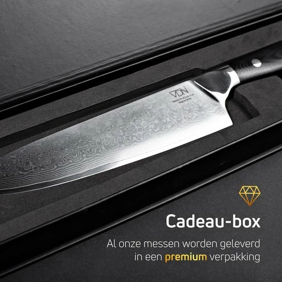 Chefmes Damaststaal VDN Elegance Serie - Koksmes Van VG-10 Super Japans Staal - Professioneel Mes Met 66 Lagen Staal – 32.5 Cm Mes - 21 Cm Lemmet - 60-62 HRC Inclusief Giftbox 11 Chefmes Damaststaal VDN Elegance Serie - Koksmes Van VG-10 Super Japans Staal - Professioneel Mes Met 66 Lagen Staal – 32.5 Cm Mes - 21 Cm Lemmet - 60-62 HRC Inclusief Giftbox - Afbeelding 9