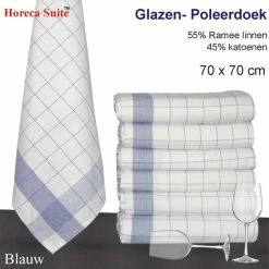 Homee Homéé® Glazendoek - Poleerdoeken Blauw Ruiten 70x70cm - Set Van 6 Stuks - 50% Ramee 50% Katoen