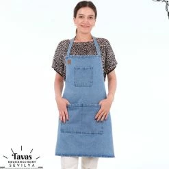 Merkloos Sevilya Denim Keukenschort Jeans - Schort Met Drie Zakken Keukenschort Dames - Voor Vrouwen Spijkerstof