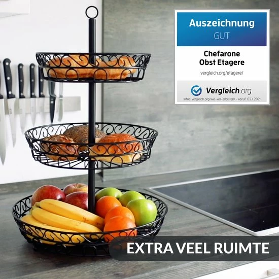 Chefarone Fruit Etagère - Fruitmand – Fruitschaal – Groentemand – Opberger – 3 Laags – Metaal - Zwart 4 Chefarone Fruit Etagère - Fruitmand – Fruitschaal – Groentemand – Opberger – 3 Laags – Metaal - Zwart - Afbeelding 2