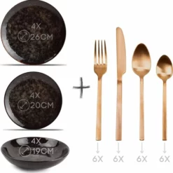 Alternative view of BonBistro GLAMOMAX'S Choice - Serviesset Black Hazy - Inclusief Koperkleurig Bestekset - 4 Persoons - Porselein - Zwarte Borden - Dinerborden - Bordenset